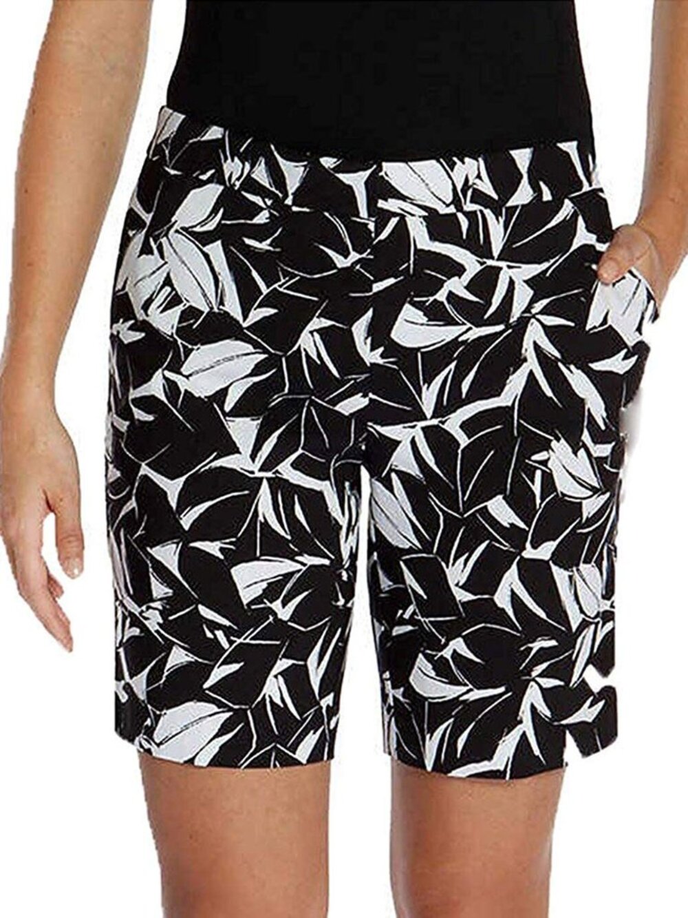 Mario Serrani Italy Comfort Stretch Bermuda Shorts Black White Leaf Print 16